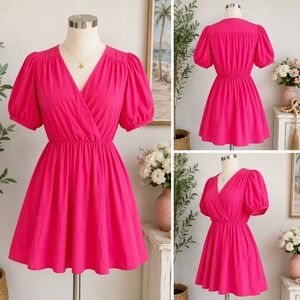 B. Darlin Hot Pink Puff Sleeve V-Neck Mini Dress Cotton Poplin 39KAB22 13/14